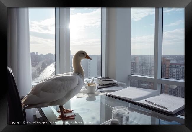 A goose with white feathers works hard at a desk in the office c Framed Print by Michael Piepgras