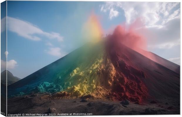 A huge volcano seen from far away erupting rainbow colored colou Canvas Print by Michael Piepgras