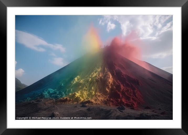 A huge volcano seen from far away erupting rainbow colored colou Framed Mounted Print by Michael Piepgras