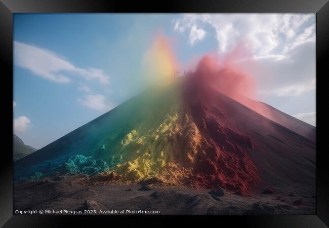 A huge volcano seen from far away erupting rainbow colored colou Framed Print by Michael Piepgras