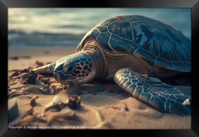 A large turtle drags itself onto a beach created with generative Framed Print by Michael Piepgras