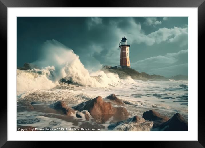 A beach with huge waves on the cliffs created with generative AI Framed Mounted Print by Michael Piepgras