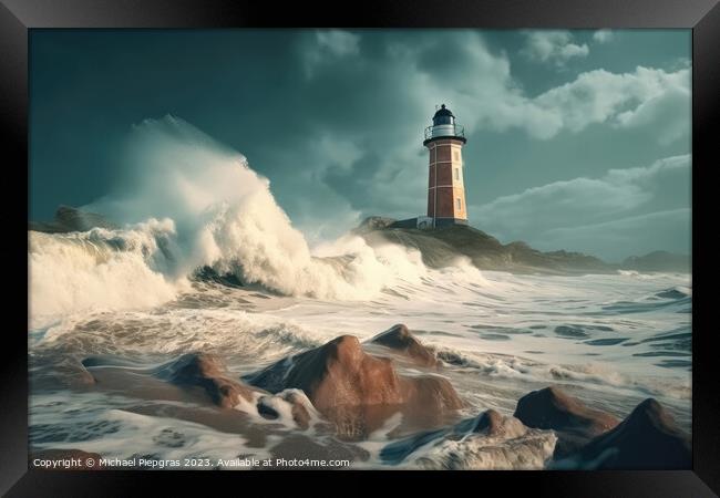 A beach with huge waves on the cliffs created with generative AI Framed Print by Michael Piepgras