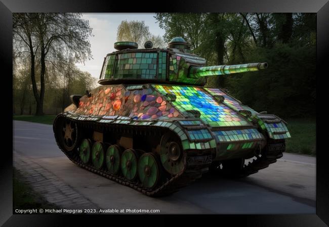 A military tank made of stained glas on a road created with gene Framed Print by Michael Piepgras