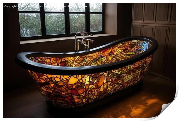 A stained glass bathtub created with generative AI technology. Print by Michael Piepgras