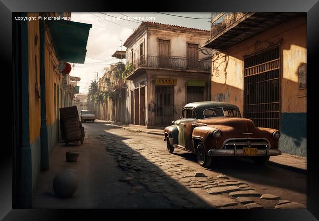 A Street in a town in a cubanic look with a lot of old rusty car Framed Print by Michael Piepgras