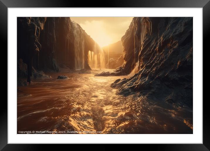 A waterfall of liquid metal in an apocalyptic landscape created  Framed Mounted Print by Michael Piepgras