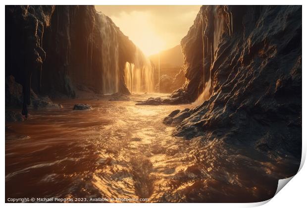 A waterfall of liquid metal in an apocalyptic landscape created  Print by Michael Piepgras