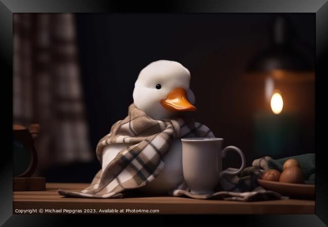 A white duck wearing a scarf and having a coffee created with ge Framed Print by Michael Piepgras