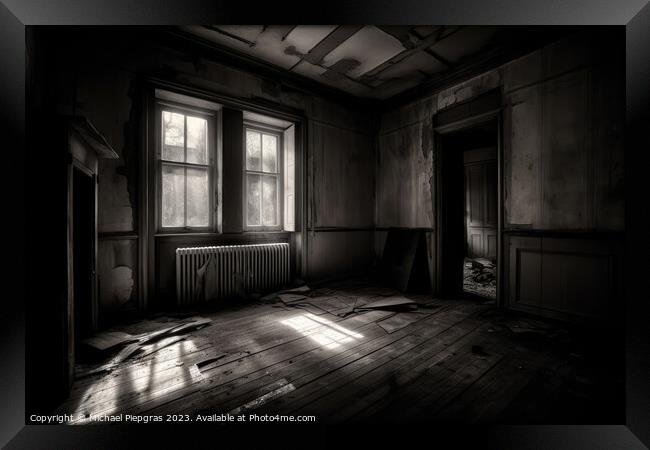 An abandoned House viewed from a room inside created with genera Framed Print by Michael Piepgras