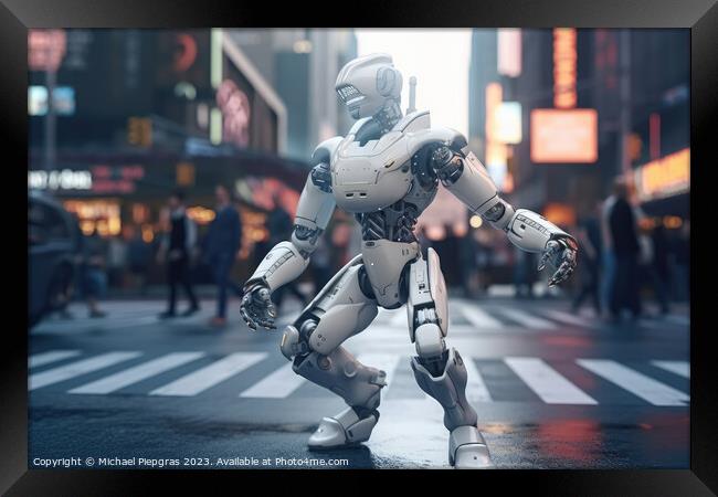 An AI robot dancing in a busy street for some money created with Framed Print by Michael Piepgras