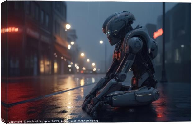 A homeless AI robot sitting on a street corner begging for a few Canvas Print by Michael Piepgras