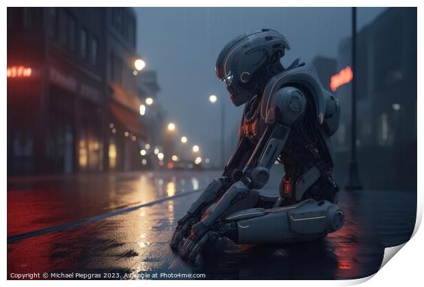 A homeless AI robot sitting on a street corner begging for a few Print by Michael Piepgras