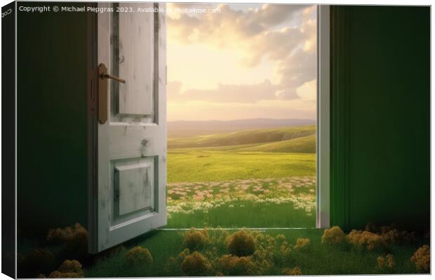 An open door stands in a green landscape created with generative Canvas Print by Michael Piepgras