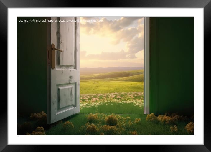 An open door stands in a green landscape created with generative Framed Mounted Print by Michael Piepgras