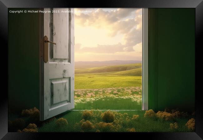 An open door stands in a green landscape created with generative Framed Print by Michael Piepgras