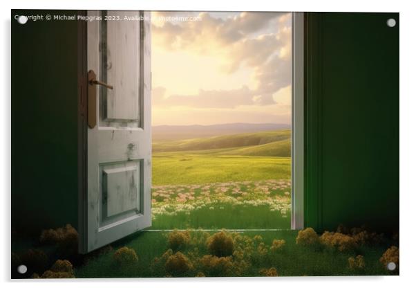 An open door stands in a green landscape created with generative Acrylic by Michael Piepgras
