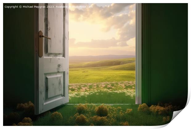 An open door stands in a green landscape created with generative Print by Michael Piepgras