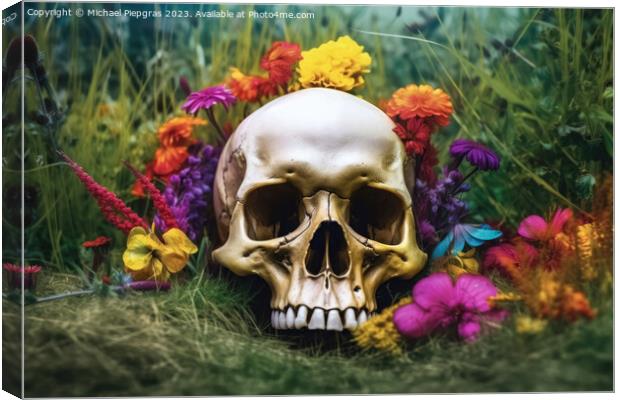 Colorful flowers growing out of a skull some grass on the ground Canvas Print by Michael Piepgras