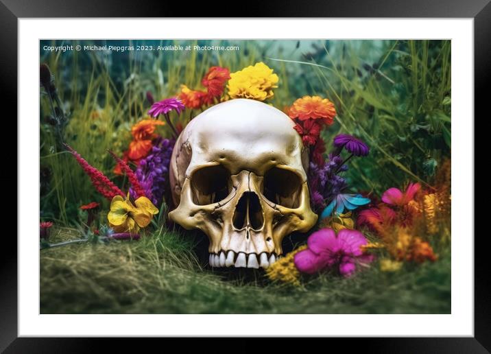 Colorful flowers growing out of a skull some grass on the ground Framed Mounted Print by Michael Piepgras