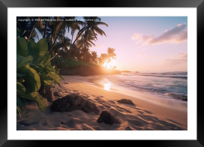 Dream beach at sunset in a tropical paradise created with genera Framed Mounted Print by Michael Piepgras