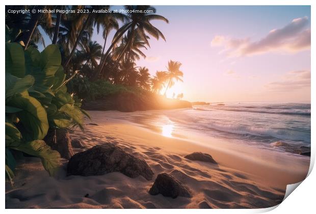 Dream beach at sunset in a tropical paradise created with genera Print by Michael Piepgras
