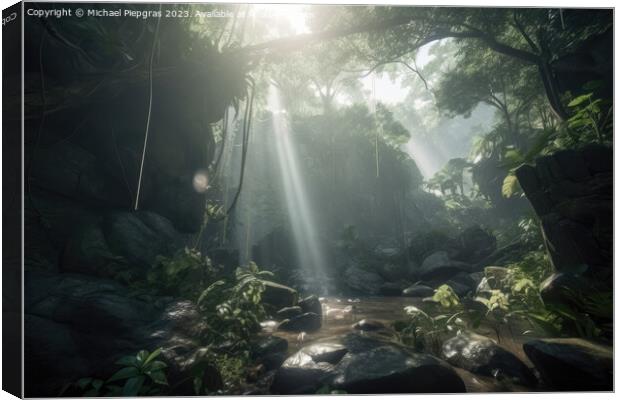 Jungle with light rays coming from above created with generative Canvas Print by Michael Piepgras