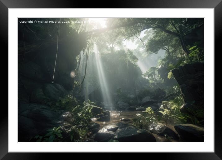 Jungle with light rays coming from above created with generative Framed Mounted Print by Michael Piepgras
