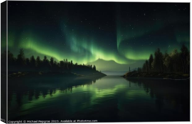 Auroras in green colour and stars over a lake with reflections o Canvas Print by Michael Piepgras