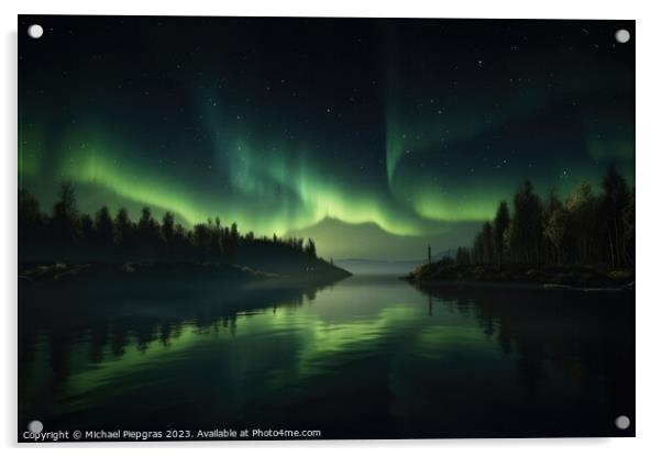 Auroras in green colour and stars over a lake with reflections o Acrylic by Michael Piepgras