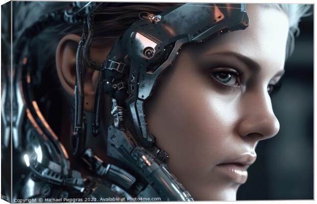 Portrait of a female cyborg created with generative AI technolog Canvas Print by Michael Piepgras