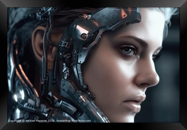 Portrait of a female cyborg created with generative AI technolog Framed Print by Michael Piepgras