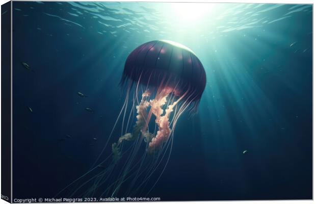 Realistic jellyfish in the depths of the ocean with lightbeams f Canvas Print by Michael Piepgras