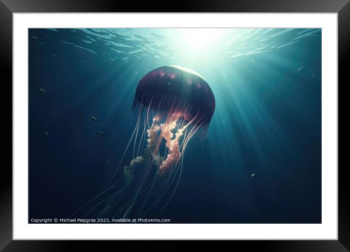 Realistic jellyfish in the depths of the ocean with lightbeams f Framed Mounted Print by Michael Piepgras