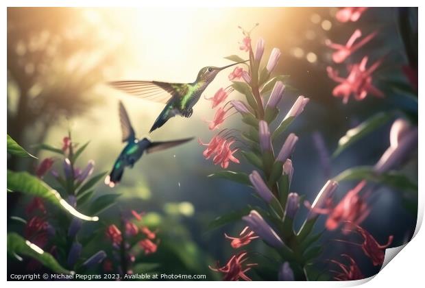 Several hummingbirds buzzing around flowers in a jungle created  Print by Michael Piepgras