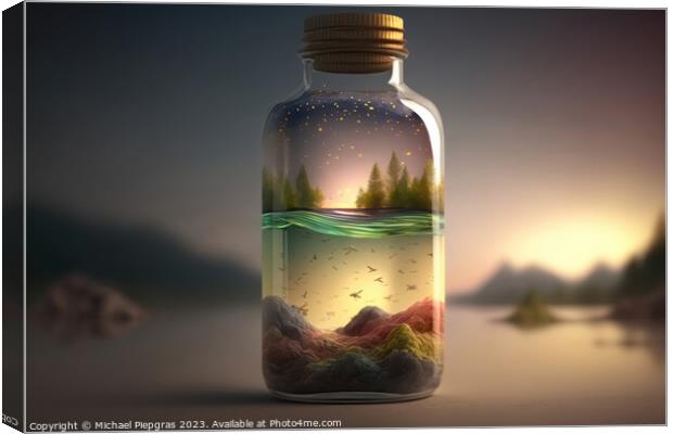 The universe in a glass bottle created with generative AI techno Canvas Print by Michael Piepgras