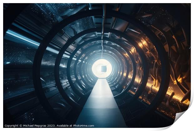 Travelling through a time tunnel with a galaxy in the background Print by Michael Piepgras