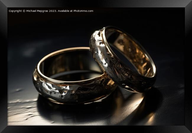 Two wedding rings made of liquid mercury created with generative Framed Print by Michael Piepgras