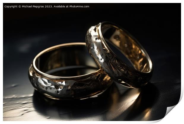 Two wedding rings made of liquid mercury created with generative Print by Michael Piepgras