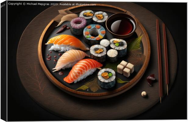 Very tasty sushi served on a dark wooden plate with chopsticks a Canvas Print by Michael Piepgras