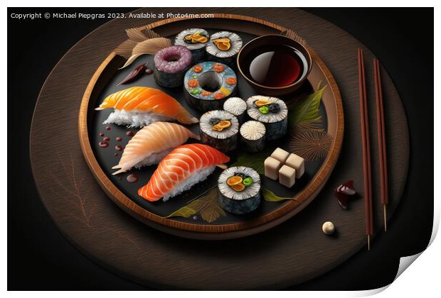 Very tasty sushi served on a dark wooden plate with chopsticks a Print by Michael Piepgras