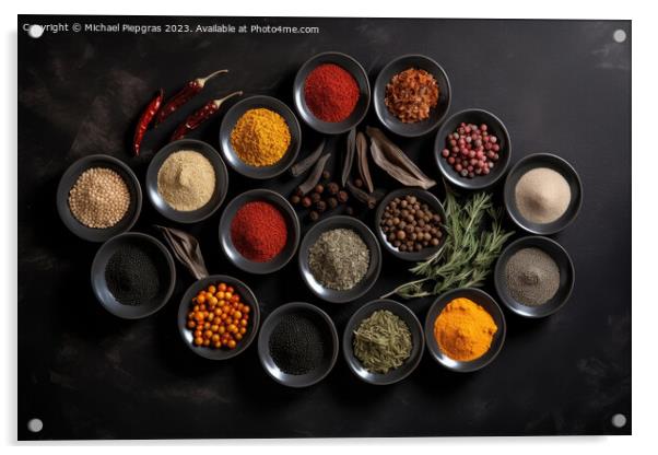 View from above of numerous spices in small bowls on a dark slat Acrylic by Michael Piepgras