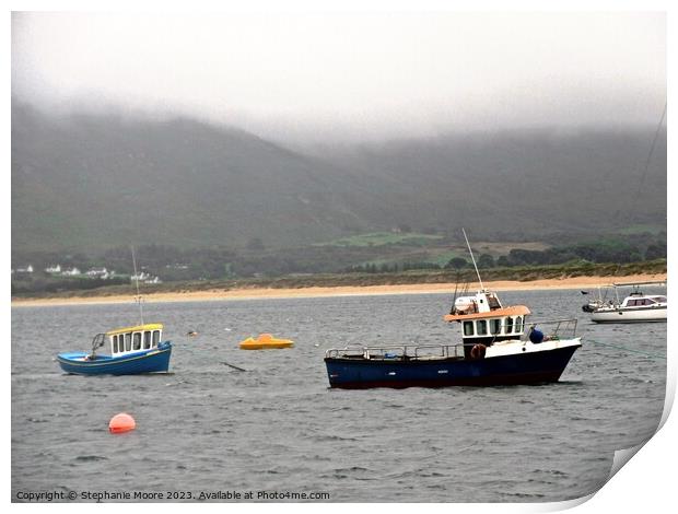 Fishing boats in the rain Print by Stephanie Moore