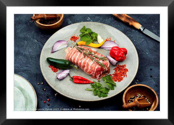 Fresh raw bacon wrapped meat roll chicken. Framed Mounted Print by Mykola Lunov Mykola