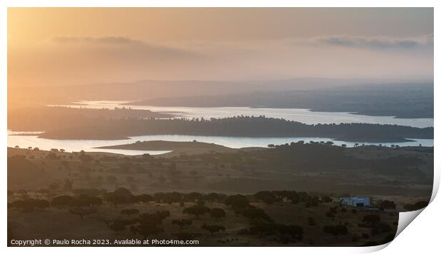 Portugal, Monsaraz. View from the fortress walls to Guadiana river at sunrise. Print by Paulo Rocha