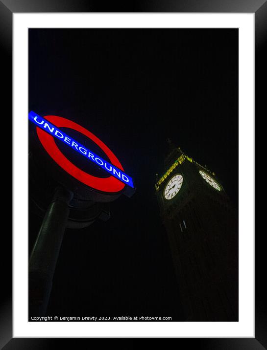 Big Ben & Underground Sign  Framed Mounted Print by Benjamin Brewty