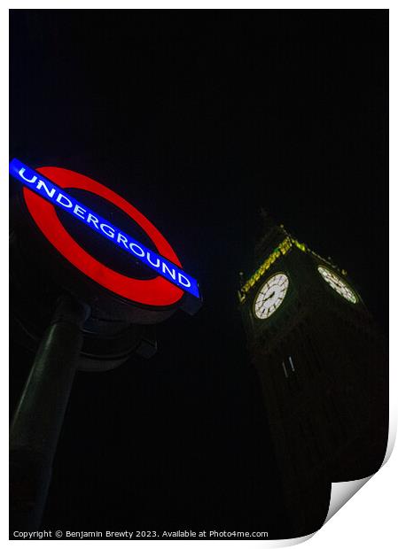 Big Ben & Underground Sign  Print by Benjamin Brewty
