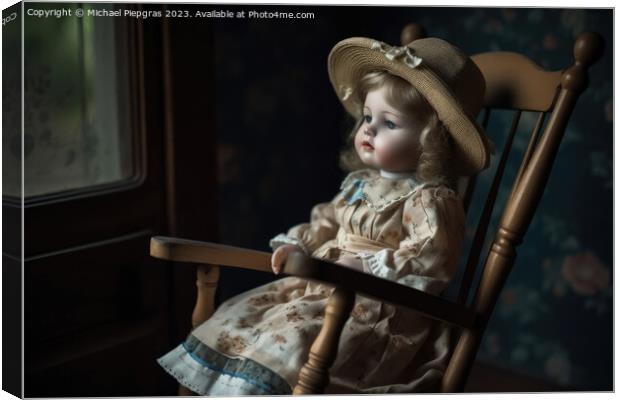 A beautiful vintage porcelain doll sitting on a rocking chair cr Canvas Print by Michael Piepgras
