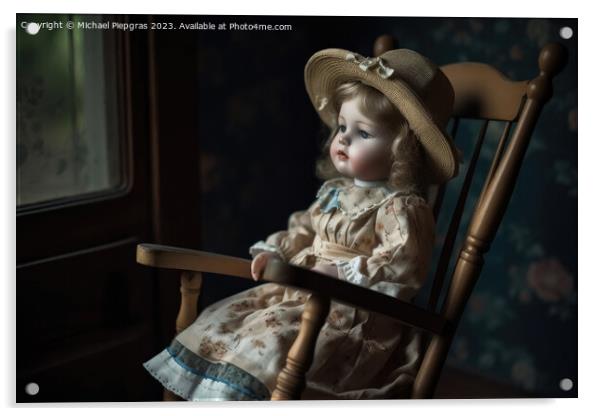 A beautiful vintage porcelain doll sitting on a rocking chair cr Acrylic by Michael Piepgras