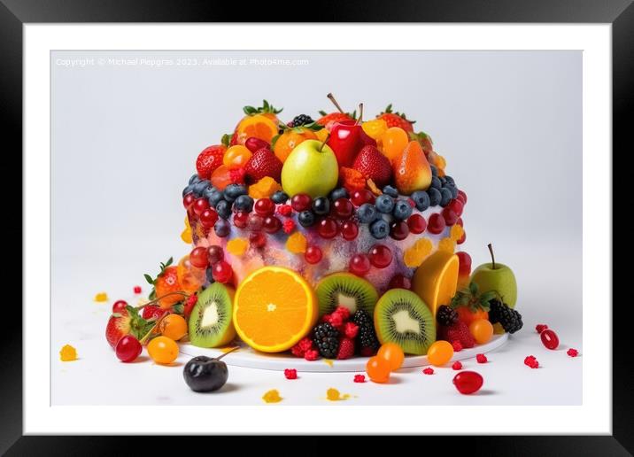 A big cake made of colorful fruits on a white background created Framed Mounted Print by Michael Piepgras